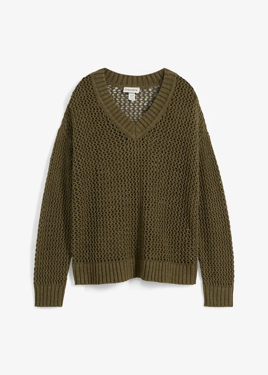 Ajour-Pullover aus leichtem Leinen-Mix in grün von vorne - bonprix