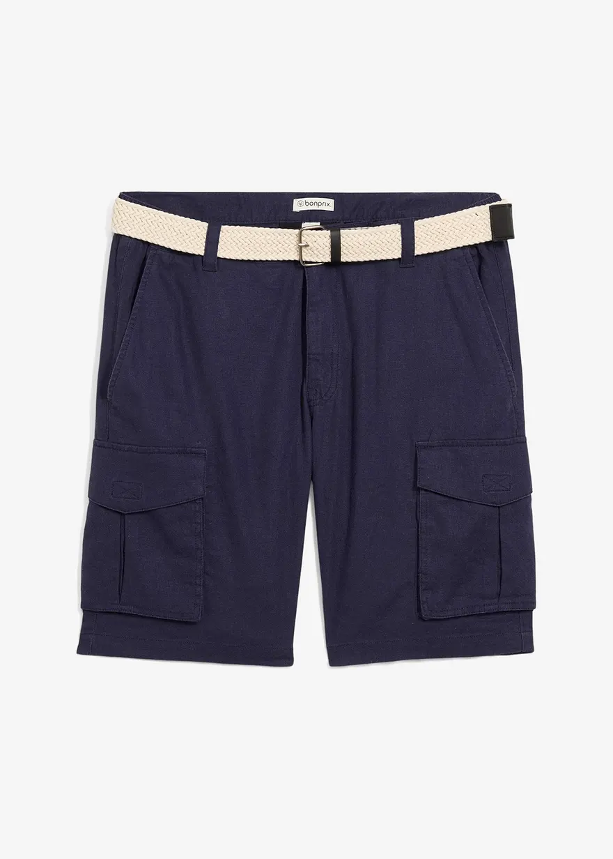 Regular Fit Cargo-Bermuda mit Gürtel aus Leinen-Mix in blau von vorne - bonprix