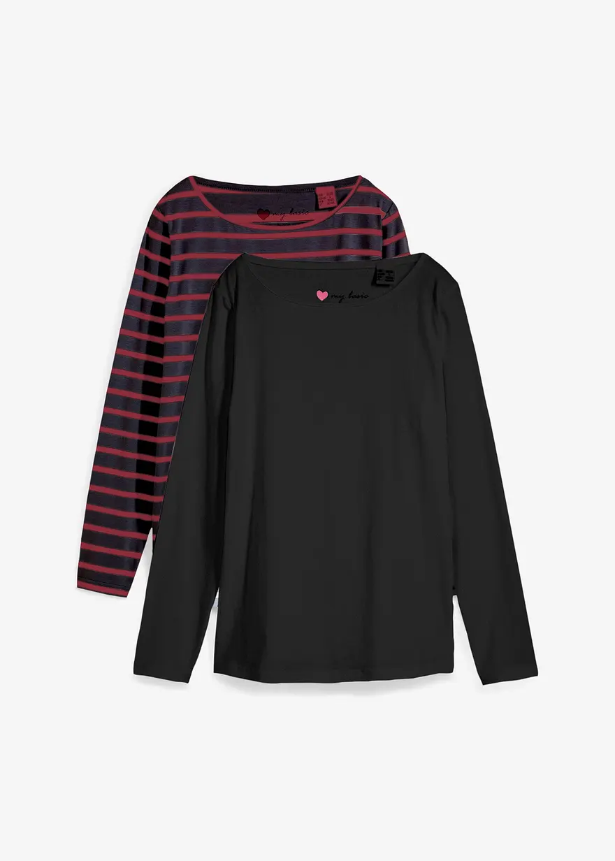 Langarmshirt mit U-Boot-Ausschnitt (2er Pack) in schwarz von vorne - bonprix