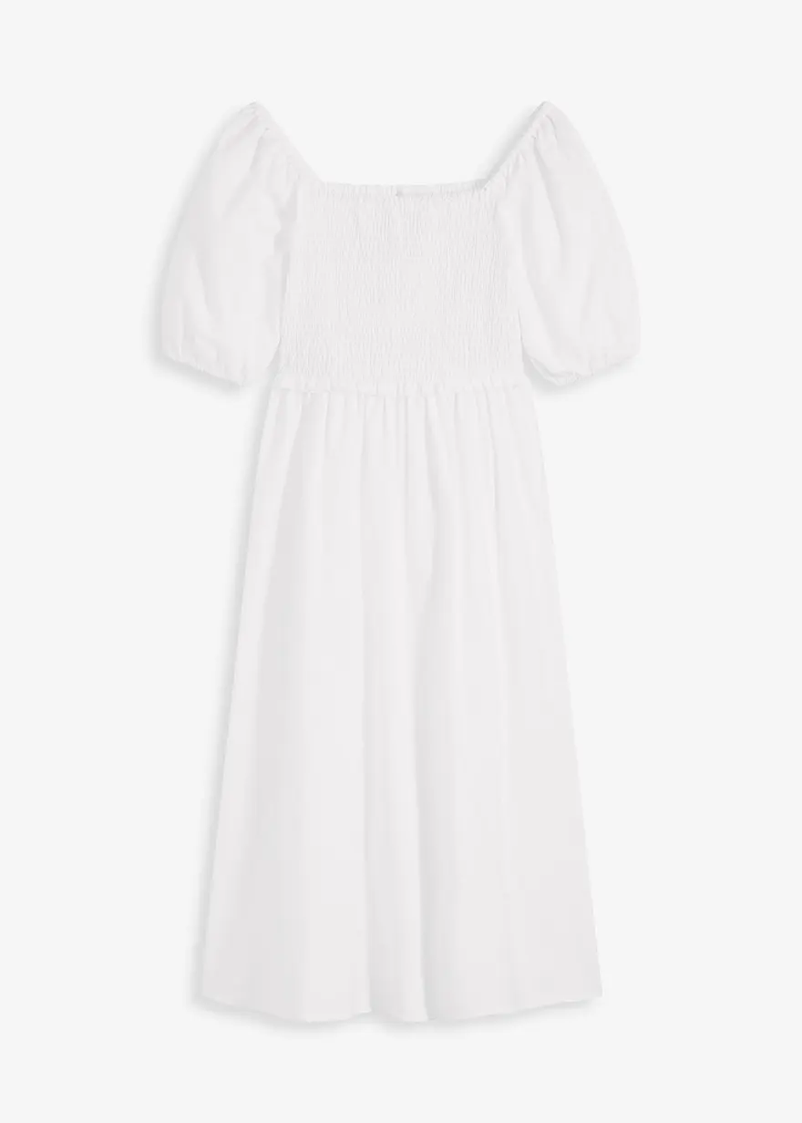 Midikleid mit Puffärmeln und Smoke-Detail in weiß von vorne - bonprix