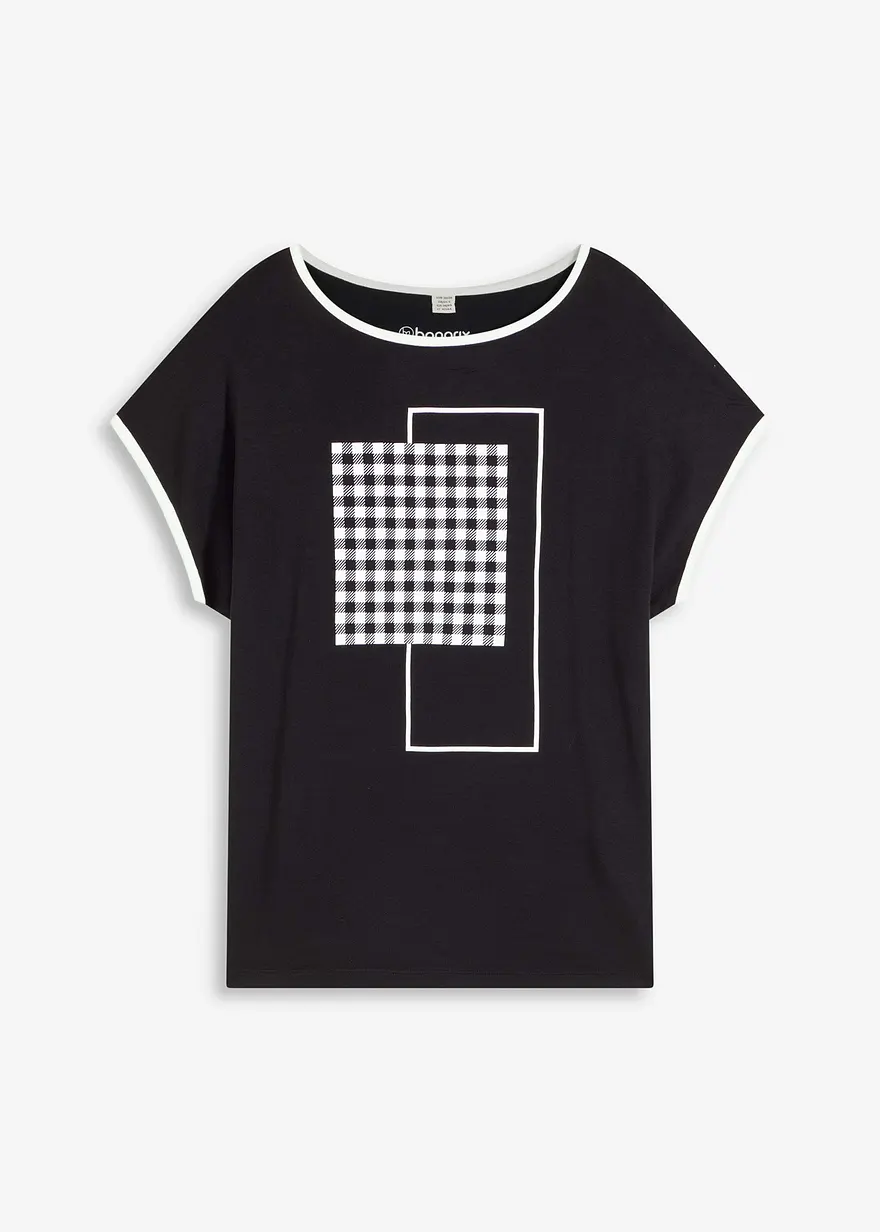 Shirt mit platziertem Druck und Kontrast Piping in schwarz von vorne - bonprix