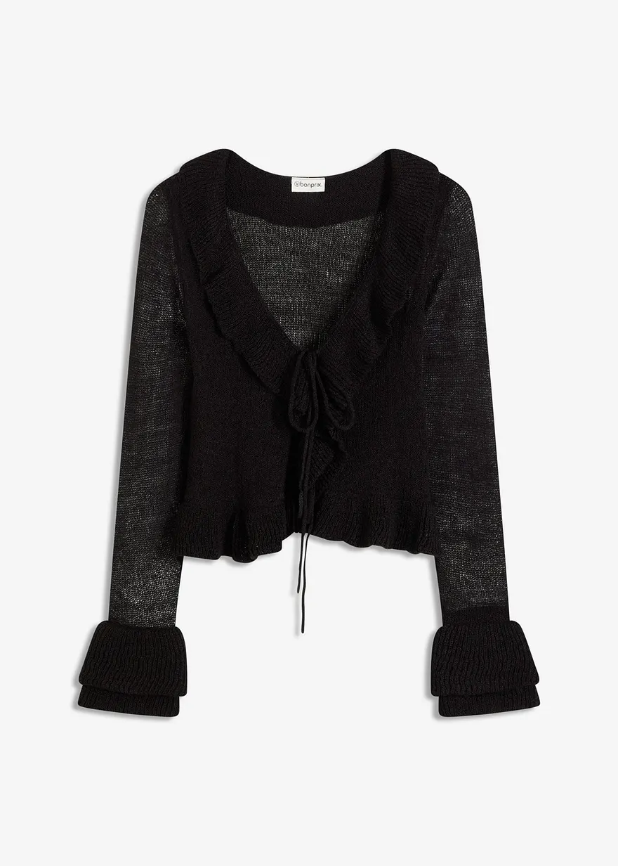 Feinstrickjacke mit Rüschen in schwarz von vorne - bonprix
