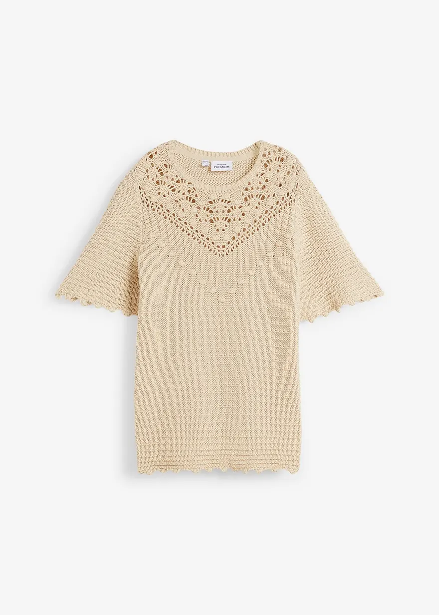 Ajour-Pullover mit Leinenanteil in beige von vorne - bonprix