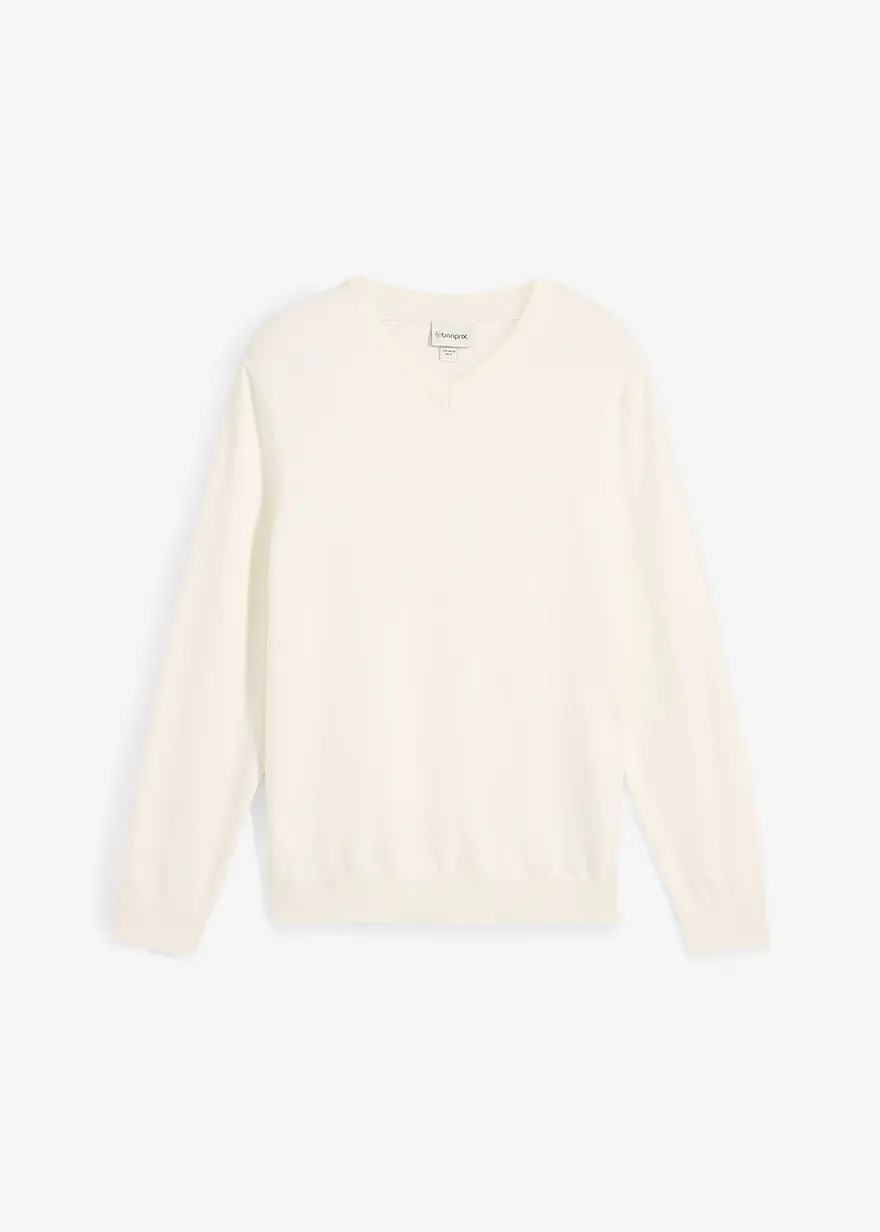 Feinstrickpullover mit V-Ausschnitt in weiß von vorne - bonprix