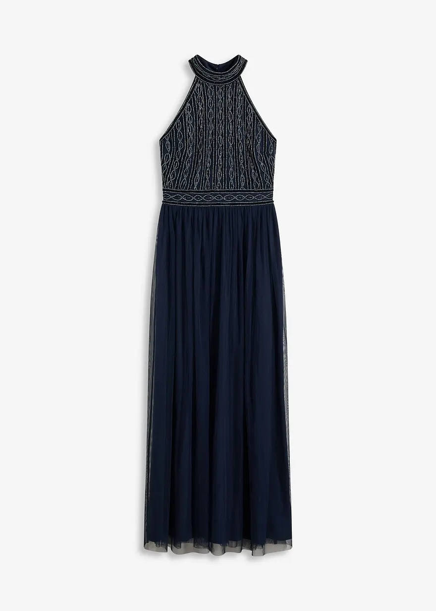Maxikleid mit Perlenstickerei in blau von vorne - bonprix