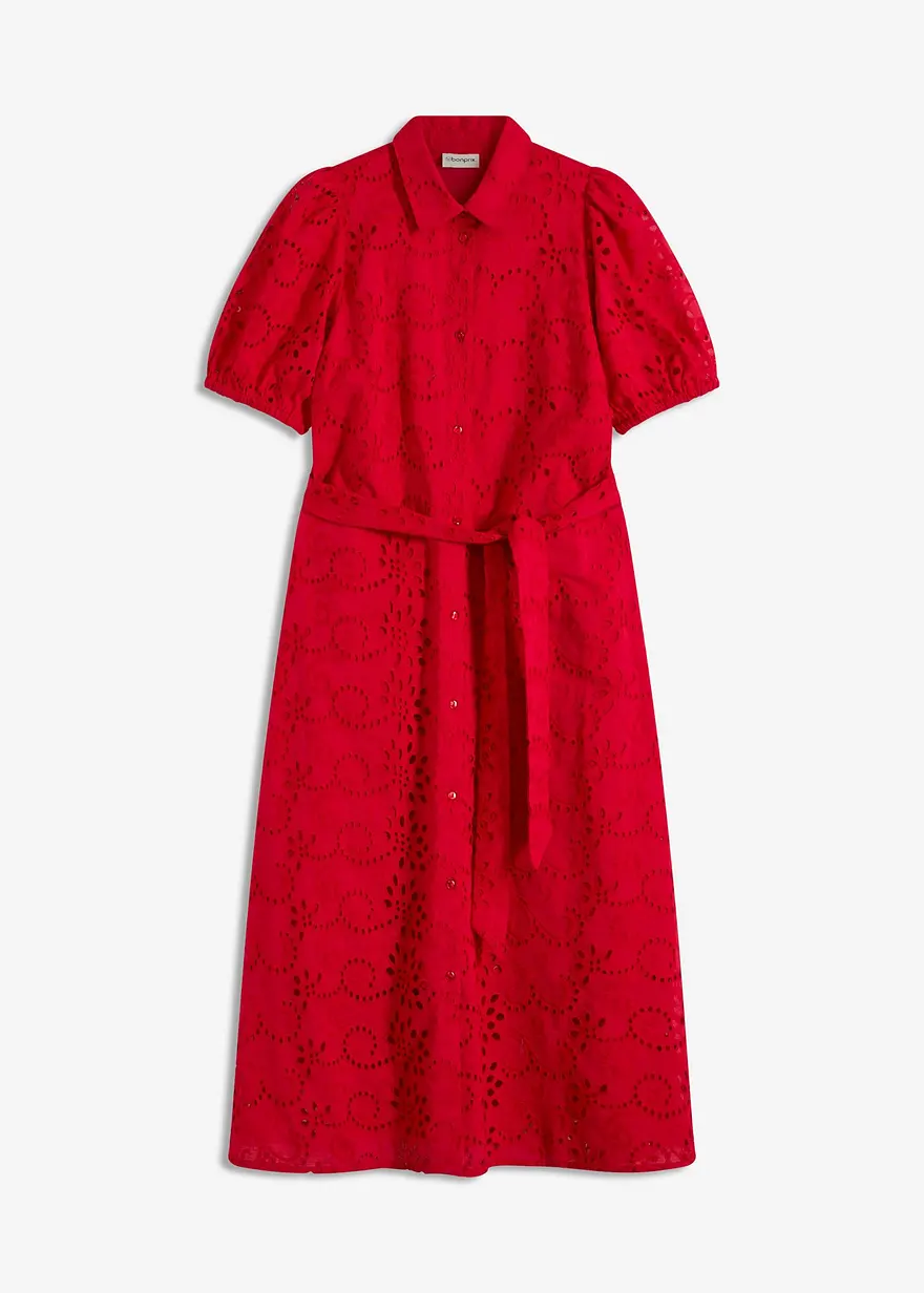 Lochstickerei-Blusenkleid aus reiner Baumwolle in rot von vorne - bonprix