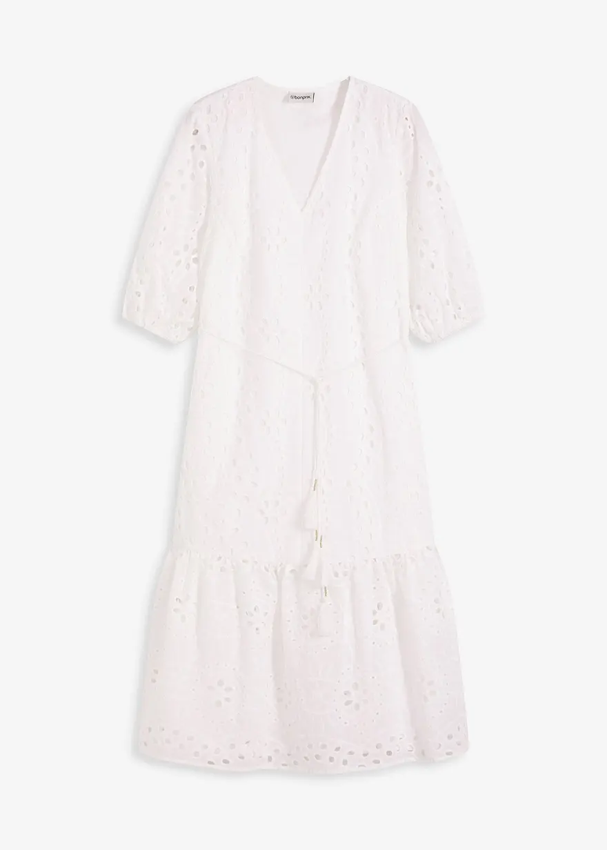 Midikleid mit Lochstickerei in weiß von vorne - bonprix