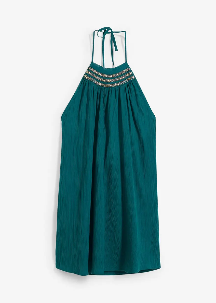 Trägerkleid aus strukturiertem Crinkle in petrol von vorne - bonprix