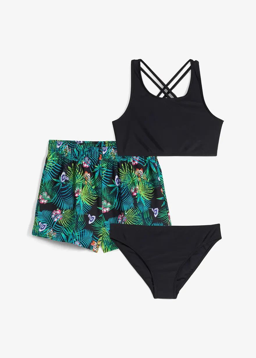 Bikini und Badeunterteil (3-tlg.Set) in schwarz von vorne - bonprix