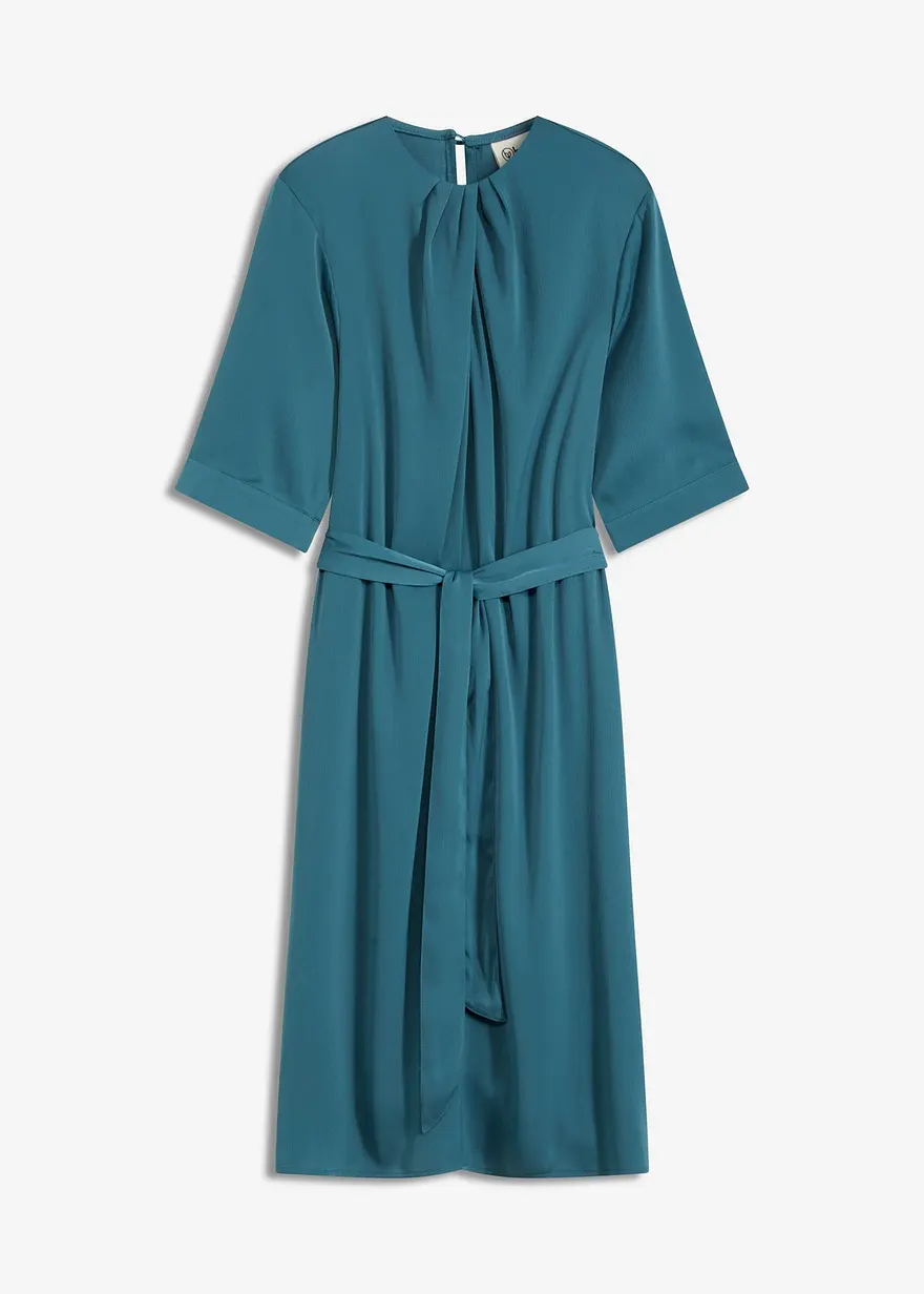 Midikleid aus glänzendem Satin in petrol von vorne - bonprix