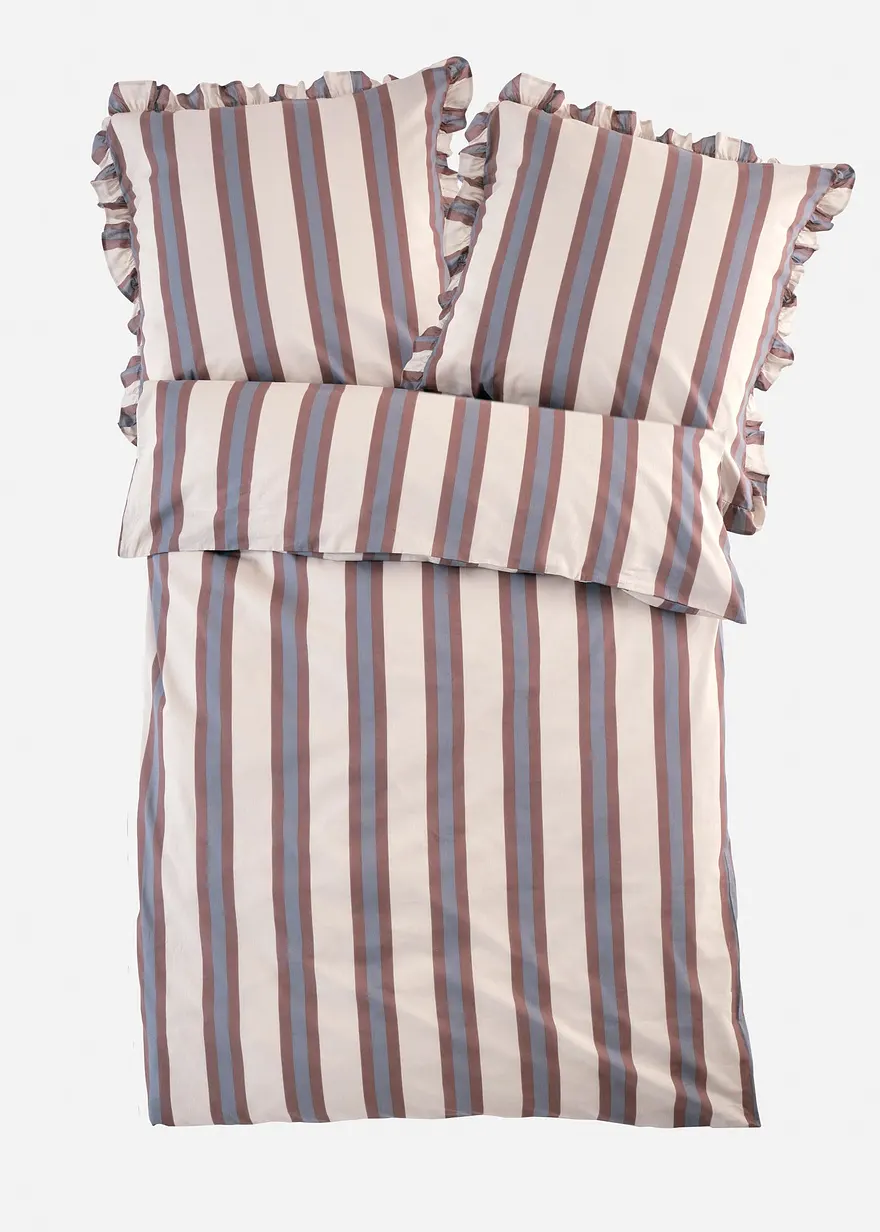 Gestreifte Bettwäsche mit Rüschen in beige von vorne - bonprix
