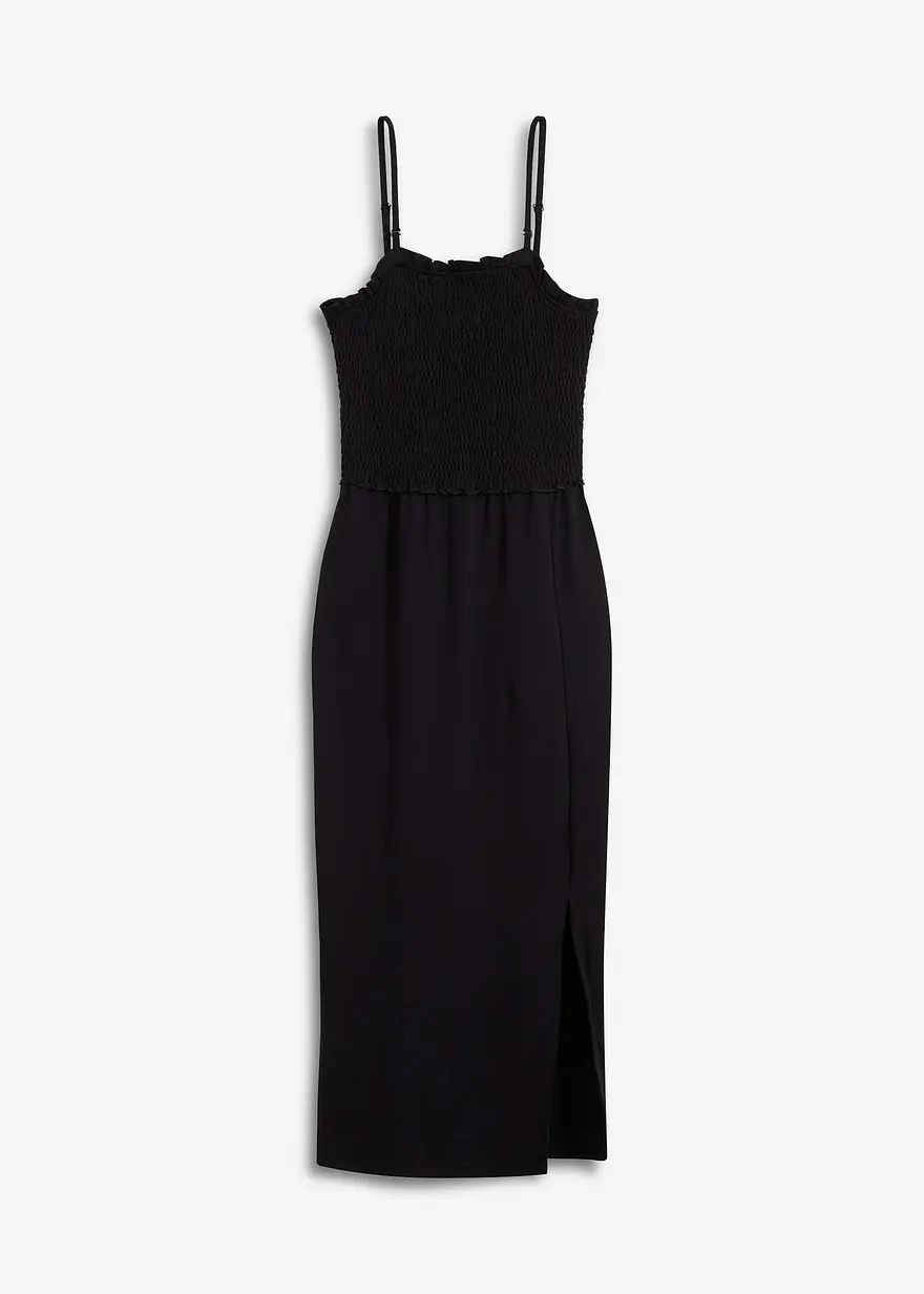 Midikleid aus festem Jersey mit Smockeinsatz und Schlitz in schwarz von vorne - bonprix