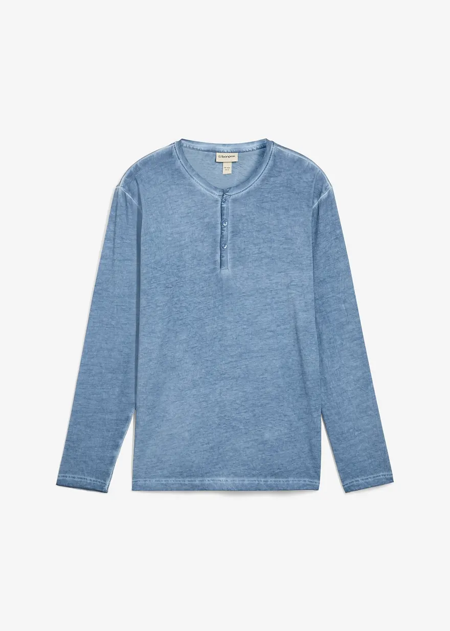 Henleyshirt, Langarm in gewaschener Optik aus reiner Bio-Baumwolle in blau von vorne - bonprix