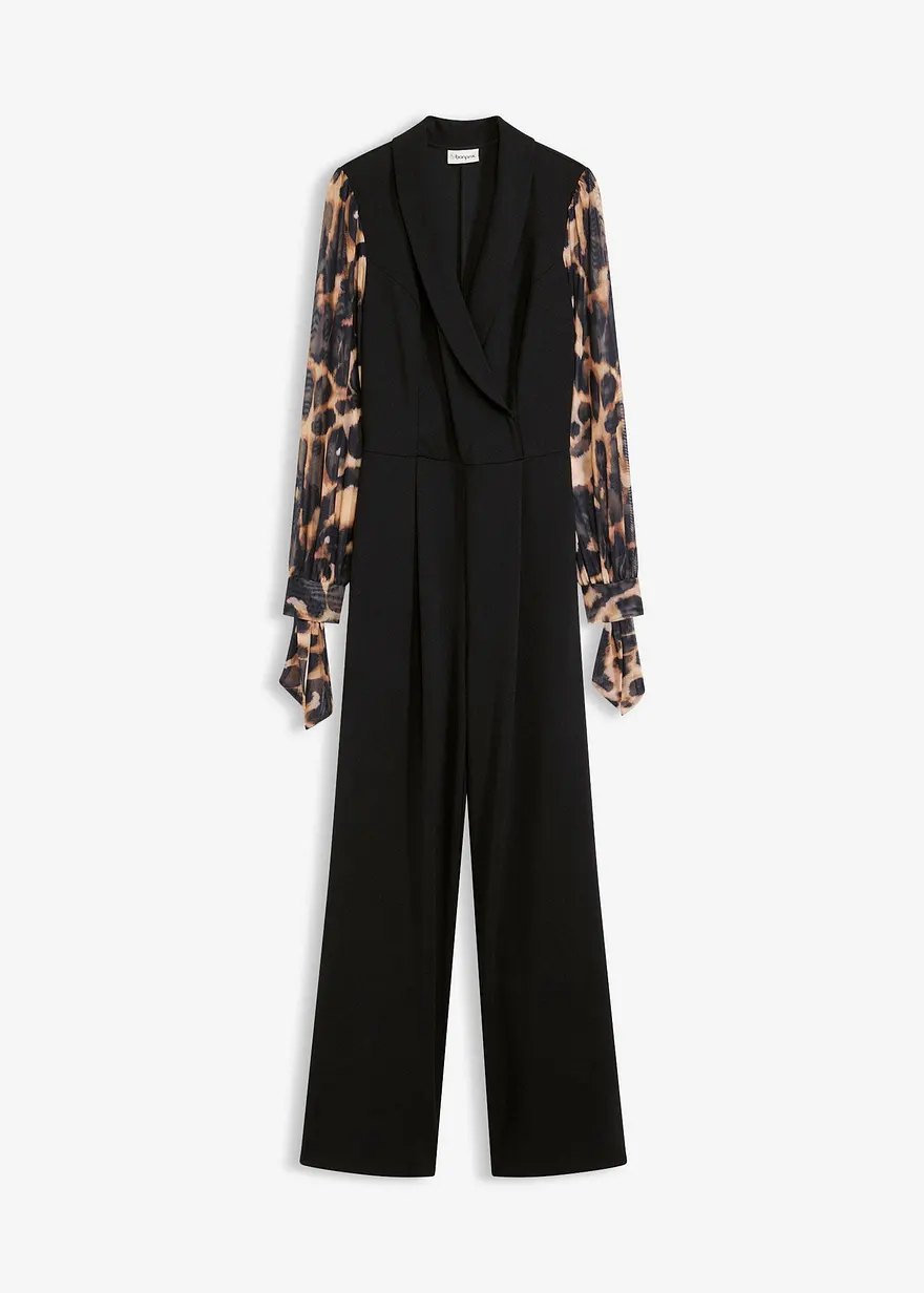 Jersey-Jumpsuit mit Mesh-Ärmeln in schwarz von vorne - bonprix