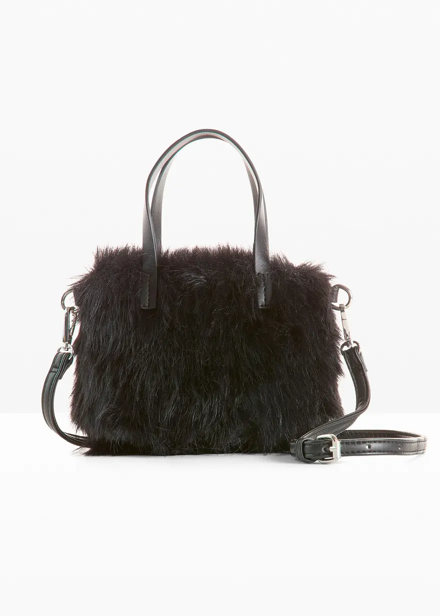 Trendige kuschelweiche Handtasche mit Fellimitat schwarz
