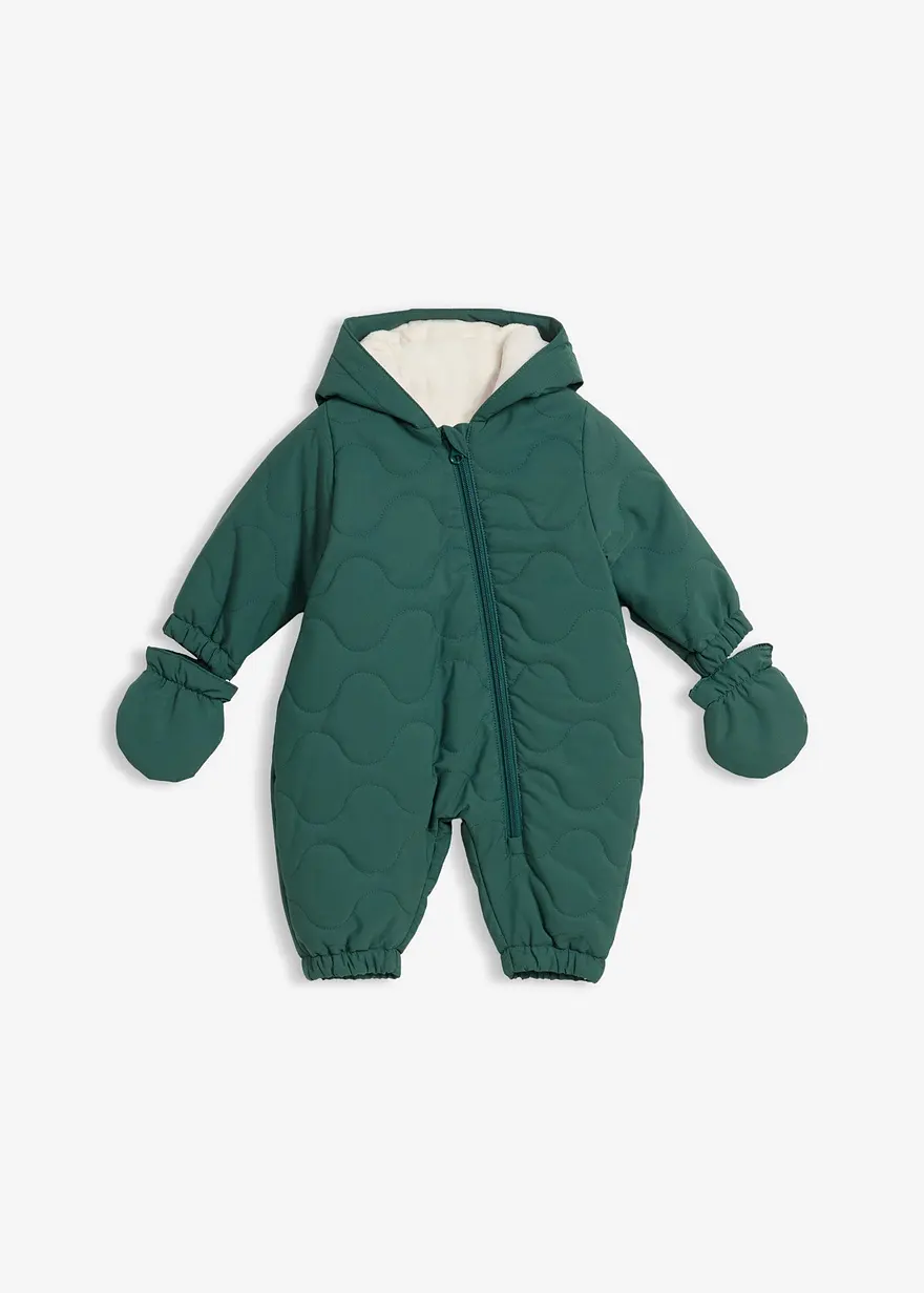 Wattierter Overall mit abknöpfbaren Handschuhen in grün von vorne - bonprix
