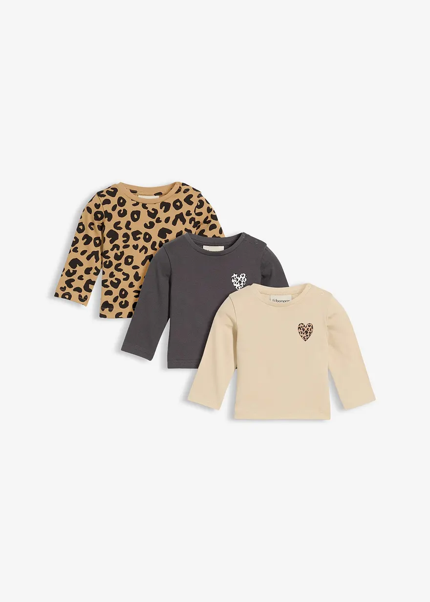 Longshirt aus reiner Bio-Baumwolle (3er Pack) in beige von vorne - bonprix