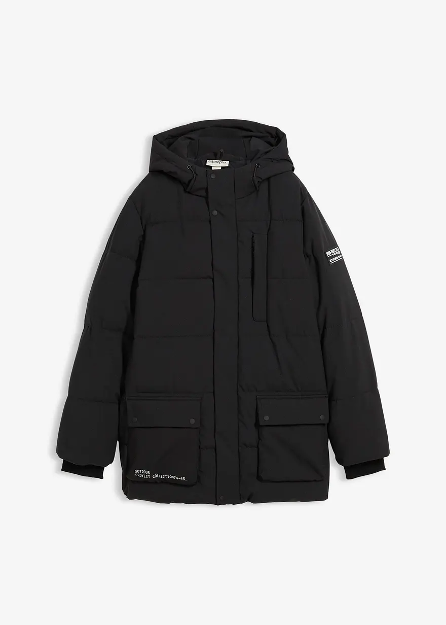 Stepp-Parka mit sportiven Details und Kapuze in schwarz von vorne - bonprix