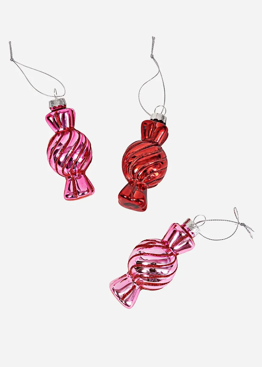 Weihnachtskugel in Bonbon-Form (3er Pack) in pink von vorne - bonprix