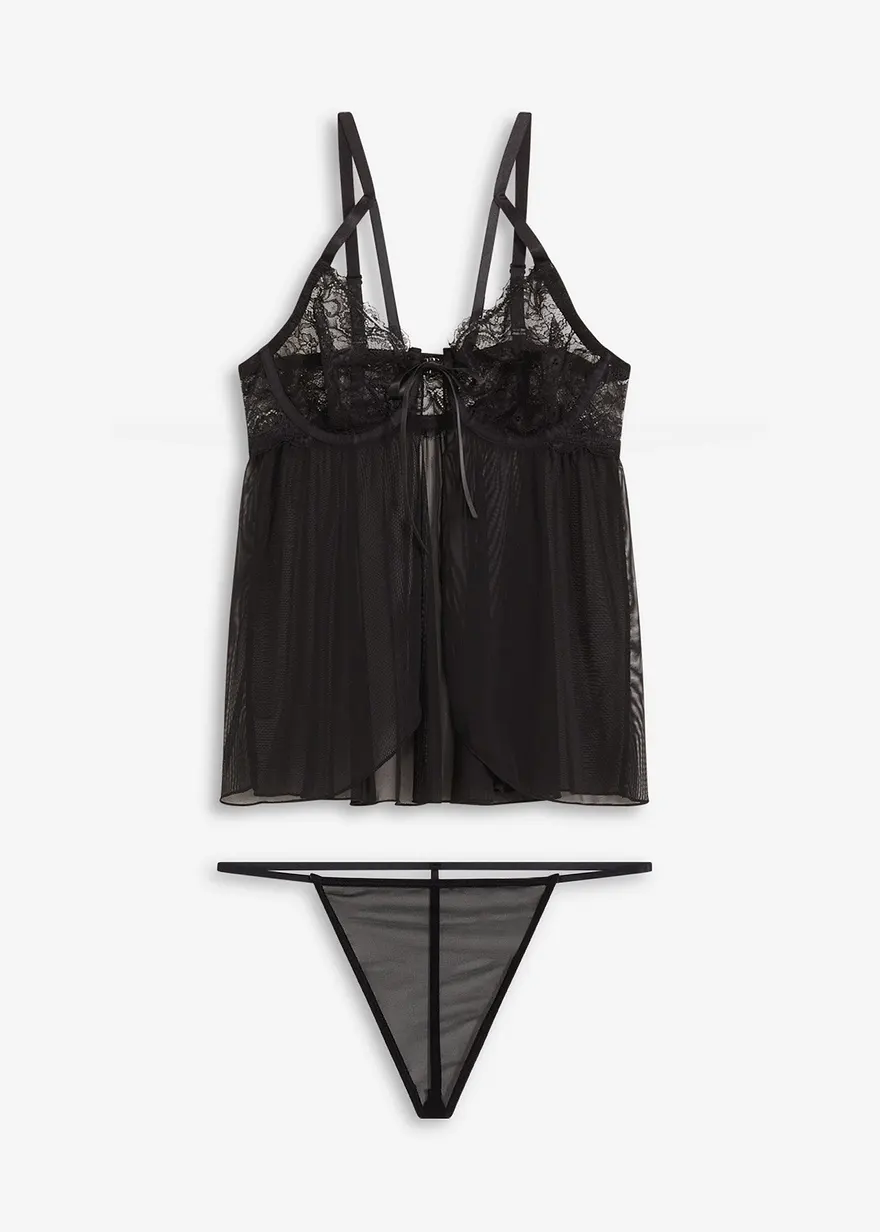 Babydoll + String (2-tlg.Set) in schwarz von vorne - bonprix