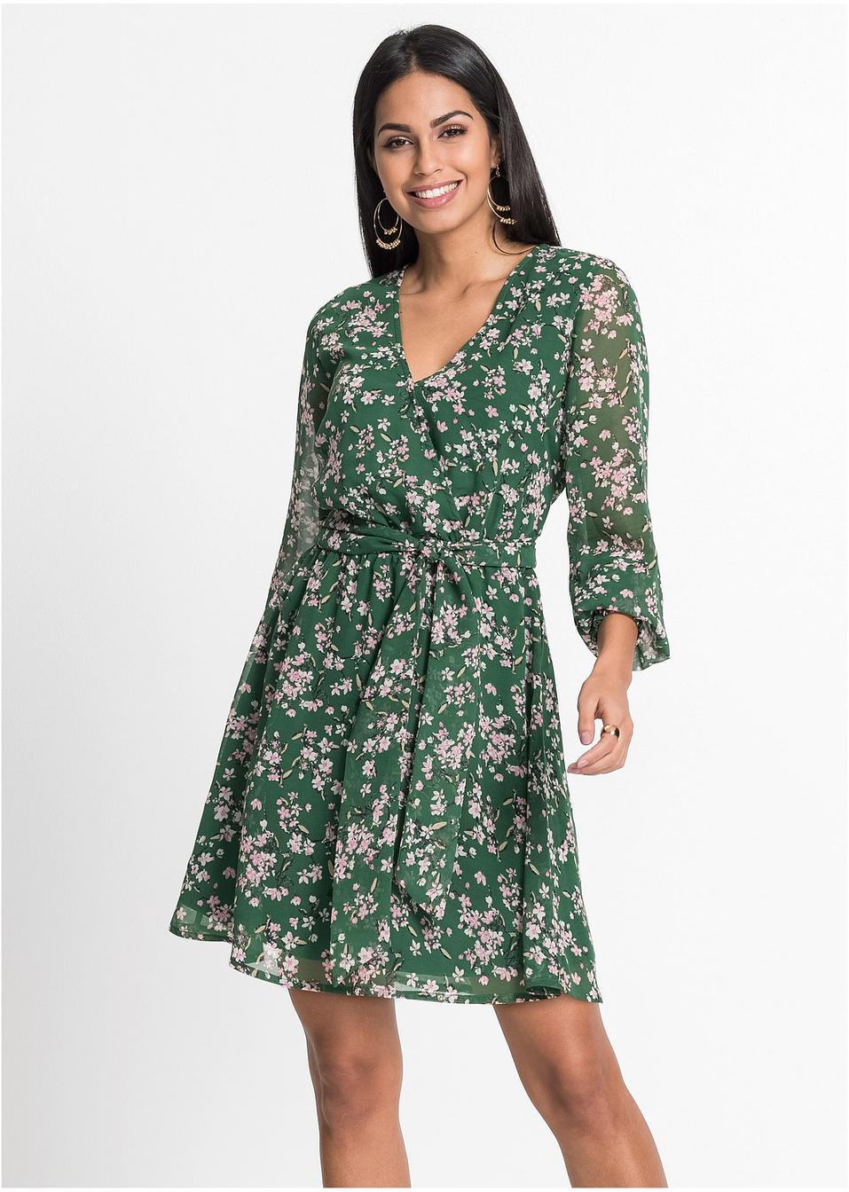 Kleid mit Print in Wickeloptik grün geblümt - BODYFLIRT online kaufen ...